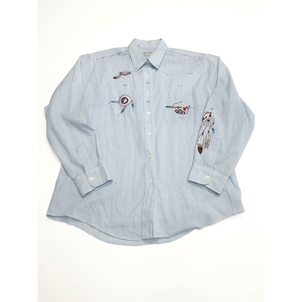 Las Olas Button Down Shirt Womens Large Blue Striped  Embroidered Western